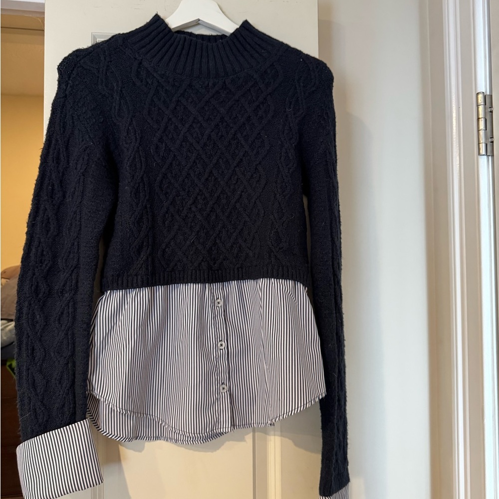 Navy Cable Knit Sweater with Striped Hem
